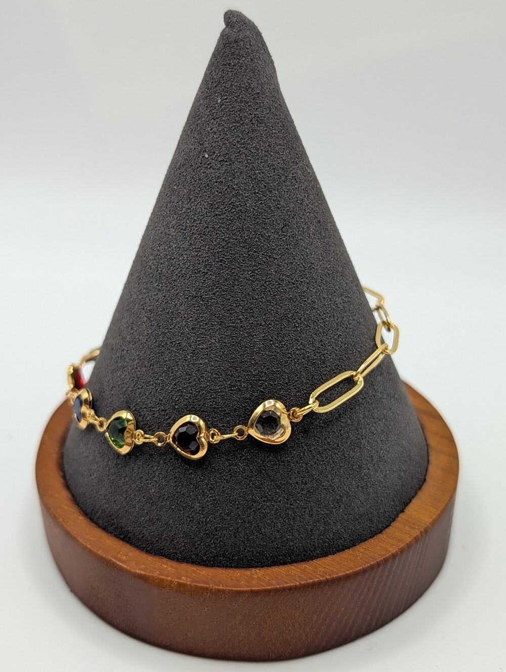 18k Gold-Plate Paperclip chain Rainbow Heart Gem Bracelet Asymmetrical - Picture 2 of 4